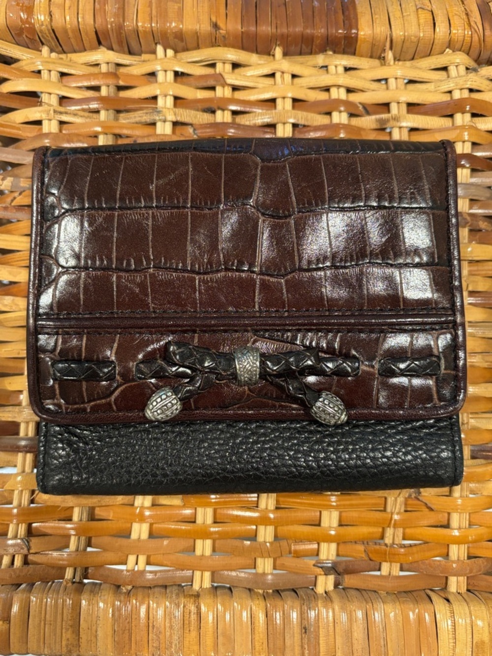 Brighton Brown Croc-Embossed Black Leather Wallet with Braided Bow